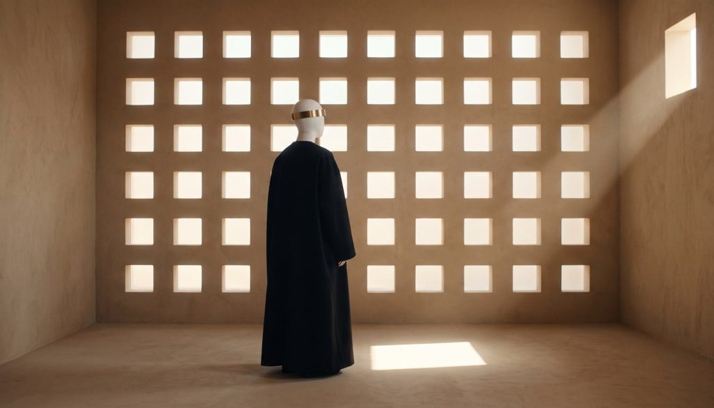 Figura de negro frente a una pared llena de pequeñas ventanas iluminadas, como pestañas abiertas